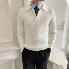 Threebooy Men's Clothing Luxury Knit Pullover Zipper Polo Neck Sweater Leisure Streetwear Popular Retro Solid Color Long Sleeve Knitwear