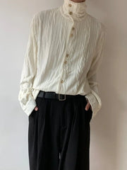 Threebooy High-end Pleated Texture Shirt Men Draped Loose Casual Top French Retro Long-sleeved Shirt Unisex Vintage Elegant Button Blouse