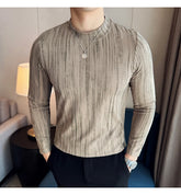 Threebooy Cotton Striped T Shirt Gradient Mock Neck Men Slim Fit Tshirt Male Office Business T shirts Man Casual Long Sleeve Top Tees