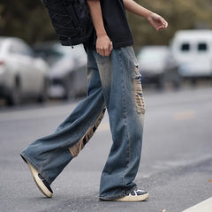 Threebooy American style torn jeans, men's summer washed and worn-out, loose Casual fitting wide leg straight tube mop, trendy high street pants