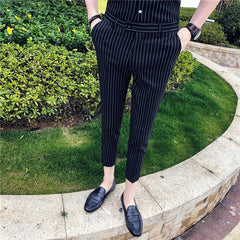Threebooy Men Stripe Pants Slim Fit Midwaist Trousers Classic Vintage Check Suit Male Wedding Pants Men Business Formal Trousers 35