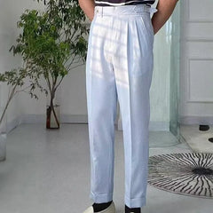 Threebooy Fashion Men's Italian Style Naples Suit Pants Blue Stripes Seersucker High Waist Paris Buckle Trouser England Business Casual Pa