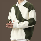 Threebooy Spring Retro Green White Color-block Sweater For Men Casual Loose Striped Crewneck Knitwear New Hip Hop Y2K Knitted Jumpers