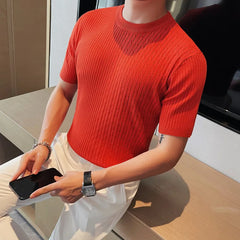 Threebooy High End Luxury Jacquard Knitted Short Sleeve Men's Summer Trend Thin Round Neck T-shirt Men's Slim Short Sleeve Tees 4XL