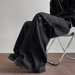 Threebooy Fashion Black Casual Pants Men Buttons Design High Street Hip-hop Wide Leg Mopping Trousers All-match Casual Korean Style