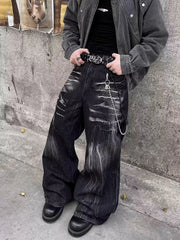 Threebooy American High Street Vibe Style Men's Pants with Unique Design, Zippered Jeans, Straight-Leg, Slightly Flared Long Pants