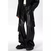 Threebooy American style hip-hop punk leather pants men's spring workwear pants high street multi pocket pants