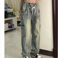 Threebooy Hip hop American men and women trendy personalized washed drawstring jeans for couples loose straight leg casual pants y2k