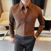 Threebooy Autumn Winter Men's Long Sleeved Shirt Pointed Collar Striped Casual Business Dress Shirt Men Slim Elastic Non Ironing Shirts