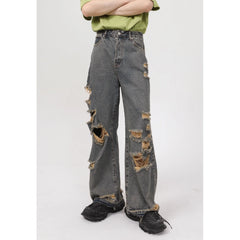 Threebooy 2024 Summer New Korean Edition Personalized Straight Barrel Broken Hole Beggar Casual Jeans men's for Men streetwear