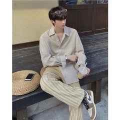 Threebooy Korean Version Solid Color Elastic Fashionable Top Men Solid Color Free Long-sleeved Shirt for Autumn New High-end Trendy Shirt