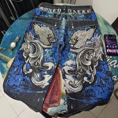 Threebooy Y2k European and American Hip Hop Washed Embroidered Graphic Pattern Jeans High Street Fashion Patchwork Loose Straight Pants