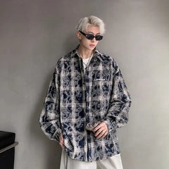 Threebooy Tie-dye Long-sleeved Plaid Shirt Men Versatile Trendy High Street Lapel Jacket