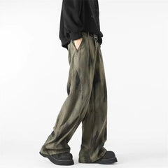 Threebooy Men's Distressed Tie-dye Denim Pants Male Casual Fashion Straight Loose Wide Leg Trousers Jeans Vintage Hip Hop Mopping Pants