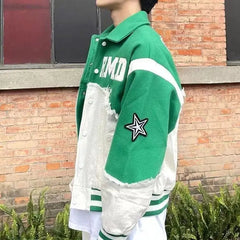 Threebooy Retro Harajuku Patchwork Y2k Baseball Jean Jacket Casual Loose Couple Coat Hip Hop High Street Denim Jacket Women Streetwear