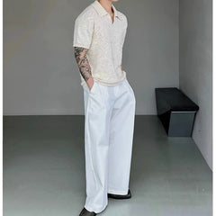 Threebooy New Trend Men Seagull Collar Polo Shirt Light Luxury Textured Slim T-shirts Leisure Short Sleeve Solid Color Breathable Knitwear