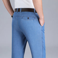 Threebooy New Men's Summer Thin Jeans Loose Stretch Large Size Ice Silk Straight Pants Elite Business Casual Pants Smoke Gray Blue