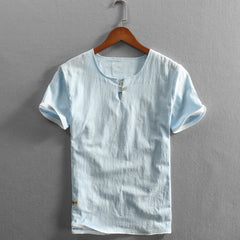 Threebooy New Summer Men Linen Cotton T-shirt Casual Wash Round Neck Chinese Style Classic Comfortable Top Sold Color Short Sleeve T-Shirt