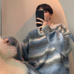 Threebooy Autumn Clothing Men's Knitted Light Luxury Pullovers Sweater Korean Vintage O Neck Striped Long Sleeve Knitwear New