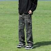 Threebooy Autumn New Men's Fashion Korean Wide Leg Jeans Camouflage Patch Pocket Loose Straight Trousers Elastic Waist Pants Male