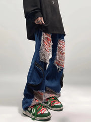 Threebooy American High Street ins Loose Large Damaged Patch Jeans Straight Sweep Floor Pants Fashion Men streetwear pantalon jean