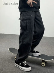 Threebooy Dark Straight Jeans Men's Korean Autumn Winter Kpop Vintage Black Denim Pants Women Popular Washed Loose Cargo Trousers