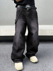 Threebooy 1Pc Men's Daily Travel Casual American Street Loose Jeans, Black, Light Blue, Sea Blue Fashion Street Style Retro Lantern Jeans Jeans Denim Pants