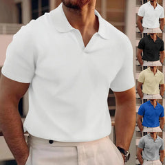 Threebooy Summer New Polo Collar Casual Fashion Men's Clothing Heavy Waffle Short Sleeve Solid Color Casual V Collar Polo Shirt