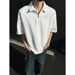 Threebooy Mens tshirt Loose Fit Half Zip Polo Collar Solid Color Summer T Shirt New Casual Sports Comfortable Daily Basic Top