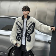Threebooy Autumn Winter Plush Warm Cardigan Men Butterfly Printing Sweaters Full Zip Jackets Luxury Loose Lazy Knitted Sweater Coat