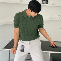 Threebooy Summer Clothing Men's Luxury Knitted Jacquard Skinny Polo Shirt Korean Popular Breathable Leisure V Neck Short Sleeve Knitwear