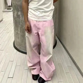 Threebooy Streetwear Gradient Color Washed Pink Dirty Jeans for Men and Women Straight Casual Baggy Denim Trousres Oversized Loose Cargos