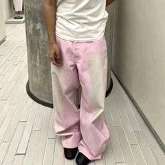 Threebooy Streetwear Gradient Color Washed Pink Dirty Jeans for Men and Women Straight Casual Baggy Denim Trousres Oversized Loose Cargos
