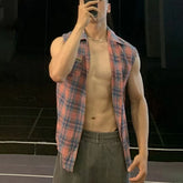 Threebooy Summer New Men's Plaid Sleeveless Vest Y2k American Retro Fashion Trend Casual Street Simple Oversize Gym Sports Men's Tops