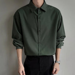 Threebooy Korean Fashion Men's Long Sleeve Shirts Casual Solid Drop Smooth Social White Black Khaki Shirt