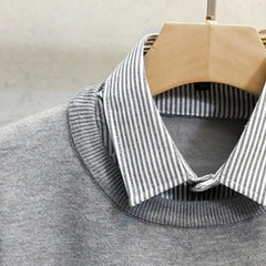 Pullovers Women Fake 2pcs Turn-down Collar Striped Korean Style Long Sleeve Spring Autumn Warm Office Streetwear Shopping New