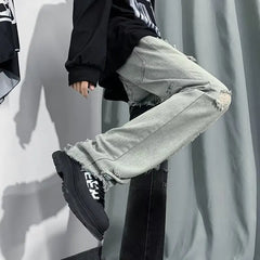 Threebooy Jeans Men's Raw Edge Denim Pants High Street Ripped Stitching Slim Straight High Street Mandarin Duck Pants Cowboy Trousers