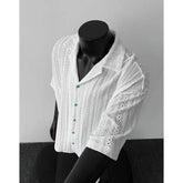 Threebooy White Hollow Short-sleeved Shirt Men's Summer American Retro Ice Silk Cool Cuban Collar Shirt Fashionable Half-sleeved Urban