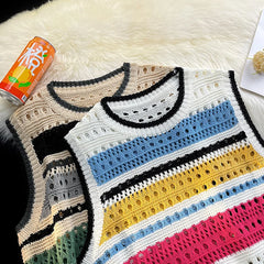 Threebooy Contrast Striped Hollowed Out Knit Tank Top Men's Oversize Summer Japanese Outerwear Layered Bf Couple Knitwear Sleeveless Top