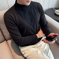 Threebooy New Style Male Spring High Quality Slim Casual Long Sleeve T-shirts/Men Fashion High Collar Pure Color Leisure T-shirt 3XL