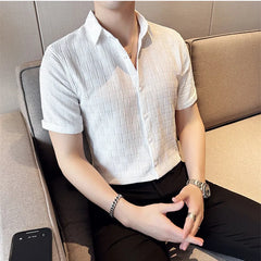 Threebooy Korean Style Men's Summer Casual Short-sleeved Shirts/Male Slim Fit Pure Color Plaid High Quality Shirts Plus Size S-4XL