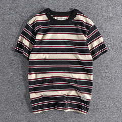 Threebooy Summer Splicing Pure Cotton Stripe Short Sleeve T-shirt Streetwear Amekaji Heavyweight Casual Male Round Neck Tshirt Tops Tee