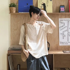 Threebooy Street Punk Shirt Off-shoulder Hollow T-shirt American 2025 New High-end Style Fashionable Casual Loose Short Sleeves