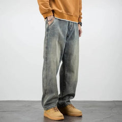 Threebooy American Casual Denim Pants Solid Color Retro Wide Leg Straight Mid Waist Pockets Bottoms Loose Fit Jeans Men Clothes