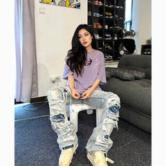 Threebooy European and American High Street Spring and Autumn Vintage Destruction Washed Straight leg Jeans Couple Hip Hop Casual Pants