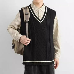 Threebooy Korean Version Autumn Winter New Loose Vest American Retro Knitted Sweater Vest Sleeveless Sweater Men Aesthetic Academy Chic