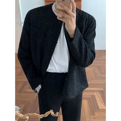 Threebooy Men's Casual Luxury Jacket High Street Button Down O Neck Long Sleeve Solid Color Retro Texture Coat Autumn Korean New