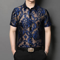 Threebooy New Fashion Floral Embroidery Transparent Shirt Man See Through Sexy Casual Shirts Men Social Party Lace Sheer Blouse Hollowout