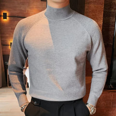 Threebooy Smart Casual Autumn Winter Men Sweaters Pullovers Solid Mock Neck Fashion Luxury Thicken Slim Long Sleeve Elastic Knitted Tops