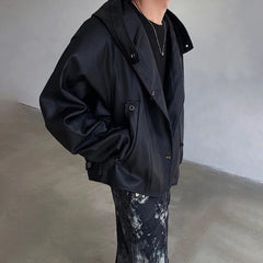 Threebooy Mens Pu Leather Jacket Metal Buckle Hooded Pu Coat Fashion Streetwear Temperament Trend Casual Long-Sleeve Tops Men'S Clothing